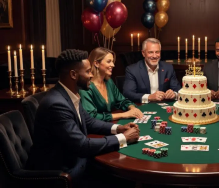 Urodzinowe przyjęcie pokerowe w eleganckiej kawiarni z tortem i stołem do gry