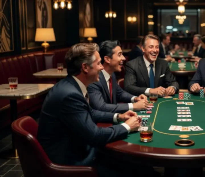 Goście śmiejący się przy profesjonalnym stole pokerowym w nastrojowo oświetlonej restauracji