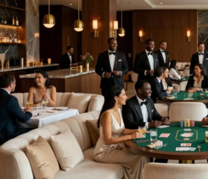 Elegancki wieczór pokerowy w wyrafinowanej restauracji z gośćmi przy oświetlonych stołach