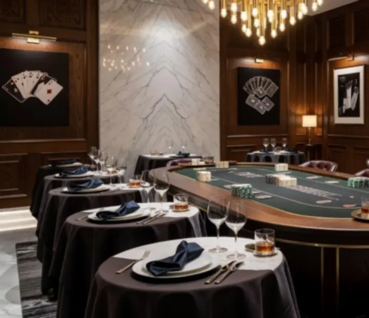 Kawiarnia przearanżowana na elegancką przestrzeń pokerową z designerskimi stołami i nastrojowym światłem