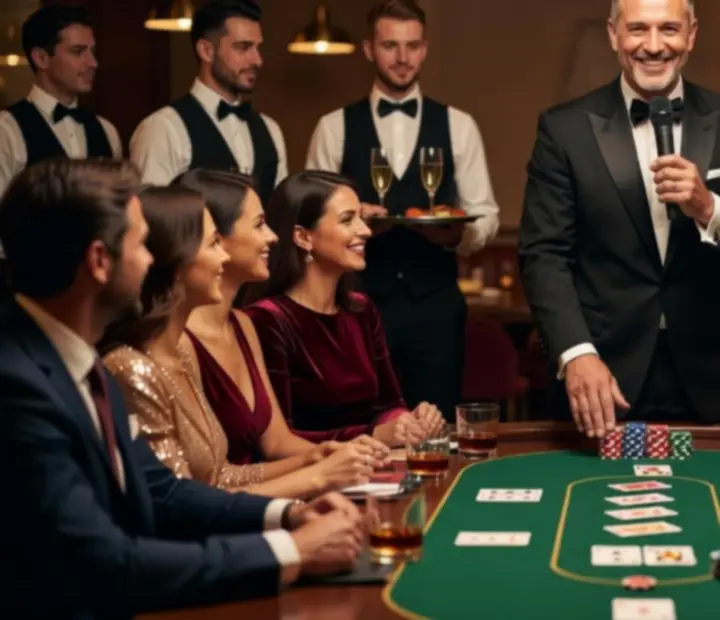 Profesjonalni krupierzy i Mistrz Ceremonii prowadzący elegancki wieczór pokerowy