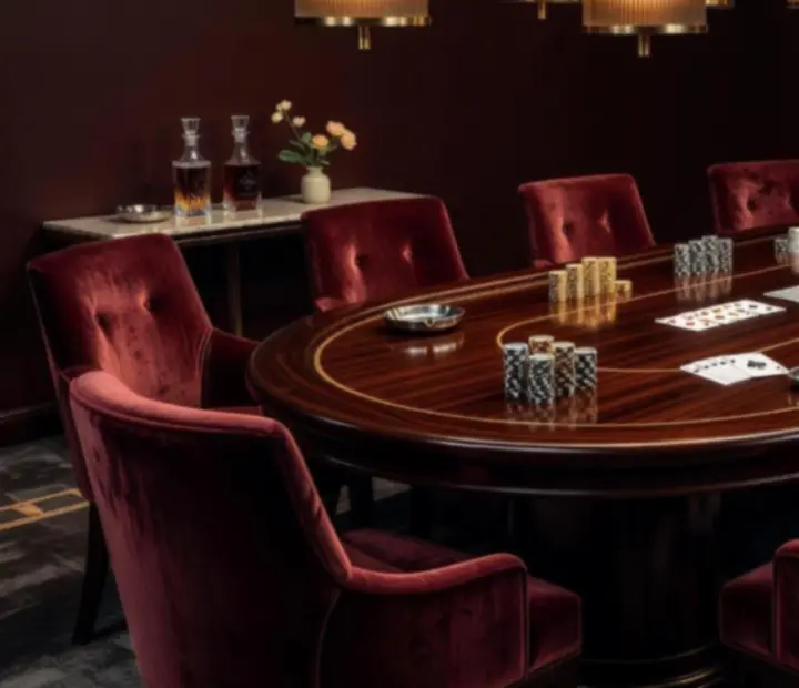Luksusowa oprawa wieczoru pokerowego z profesjonalnymi stołami, kartami i żetonami