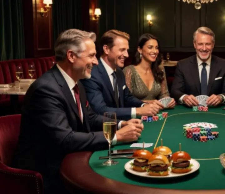Kolaż zdjęć z eleganckich pokerowych wydarzeń w restauracjach i kawiarniach