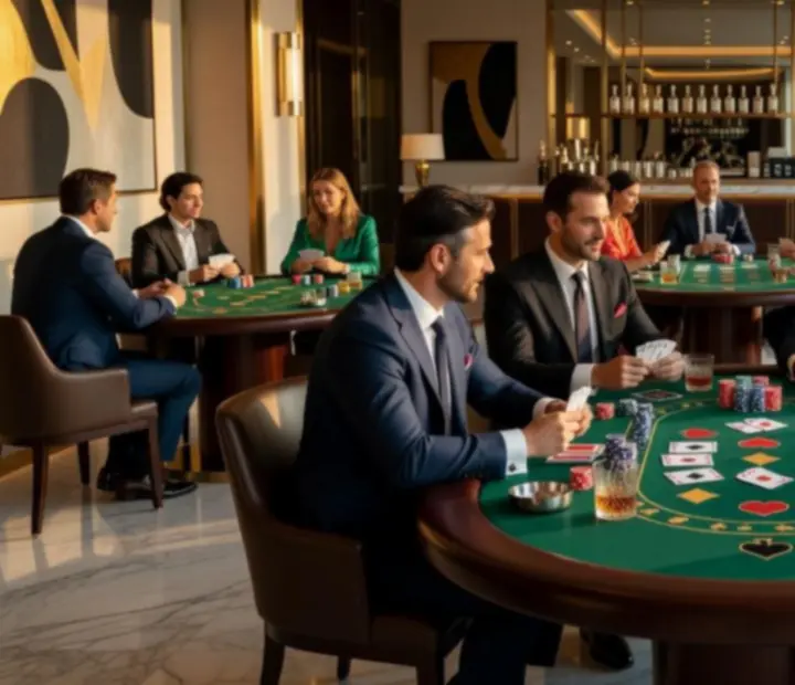 Elegancka restauracja przygotowana na premium wieczór pokerowy z oświetlonymi stołami i gośćmi w wieczorowych stylizacjach